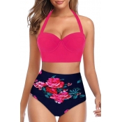 Lovely Print Rose Red Bathing Suit Two-piece Swims