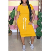 LW Leisure Lace-up Yellow Mid Calf Dress