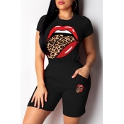Lovely Casual Lip Print Black Two-piece Shorts Set