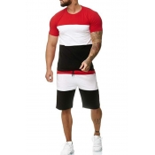 LW Men Casual Patchwork Red Two-piece Shorts Set