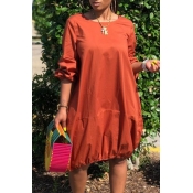Lovely Casual O Neck Loose Brown Knee Length Dress