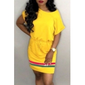 Lovely Casual O Neck Lace-up Yellow Mini Dress