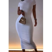 Lovely Casual O Neck Basic White Mid Calf Dress
