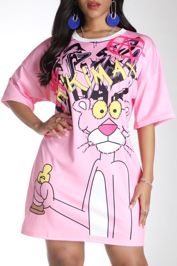 

Lovely Casual O Neck Cartoon Print Pink Mini T-shirt Dress