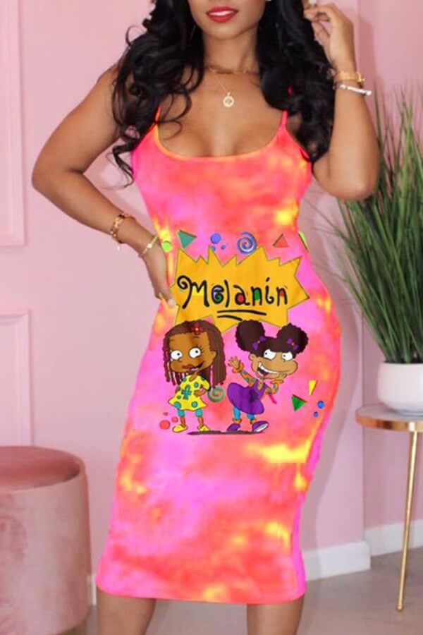 

Lovely Casual Cartoon Print Rose Red Mid Calf Dress