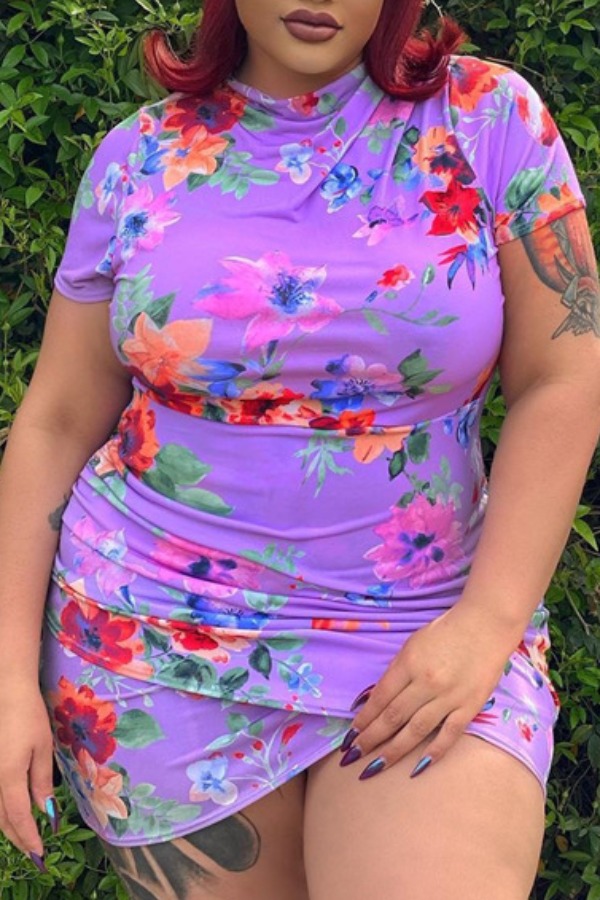 

Lovely Casual Print Purple Mini Plus Size Dress