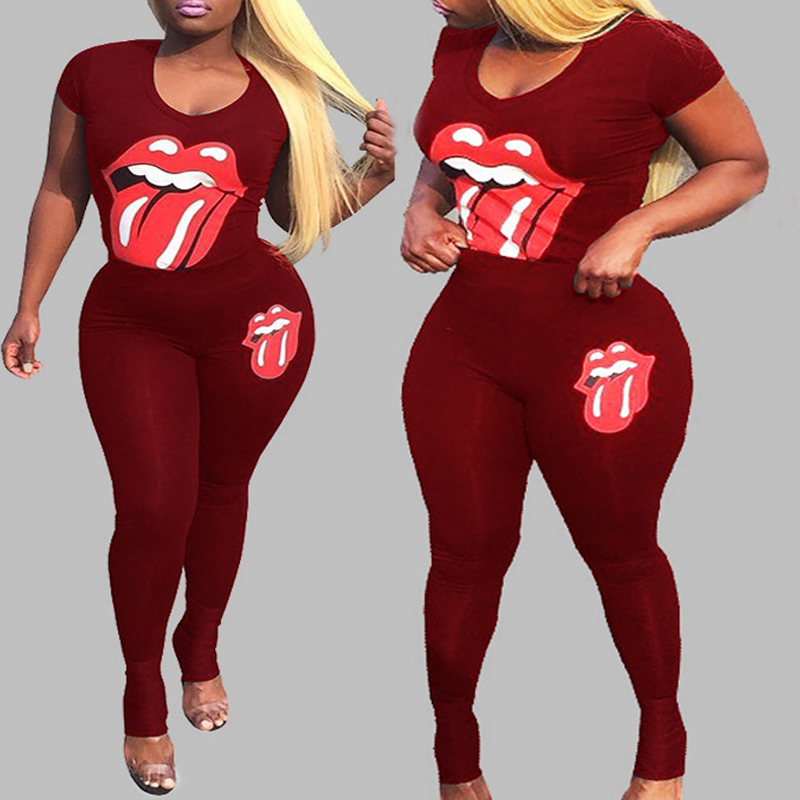 

Lovely Leisure Lip Print Red Plus Size Two-piece Pants Set