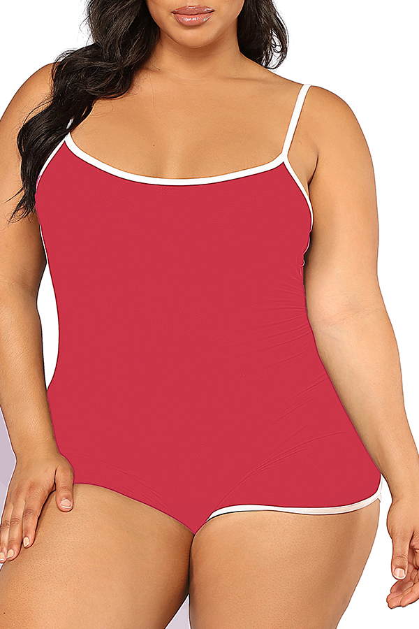 

Lovely Leisure Patchwork Red Plus Size One-piece Romper