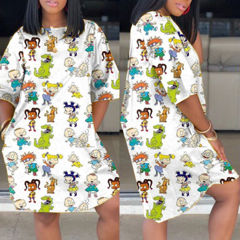 

Lovely Leisure O Neck Cartoon Print White Knee Length Dress