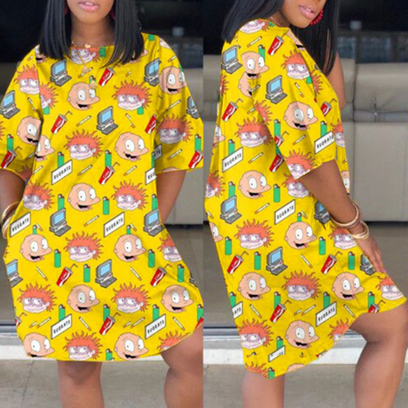

Lovely Leisure O Neck Cartoon Print Yellow Knee Length Dress