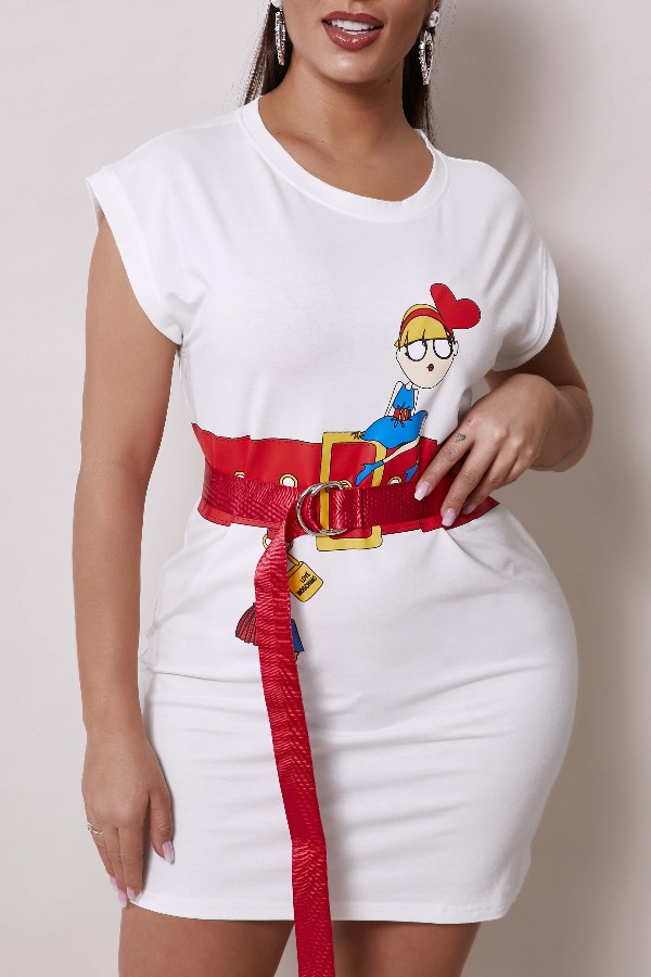 

Lovely Casual Cartoon Print White Mini Dress(Without Belt
