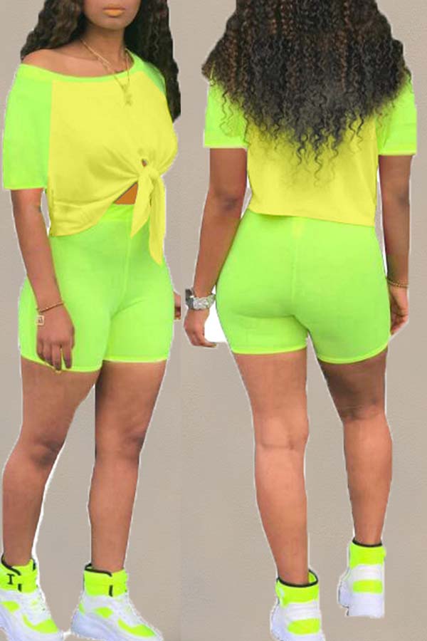 

Lovely Casual Patchwork Green Two-piece Shorts Set