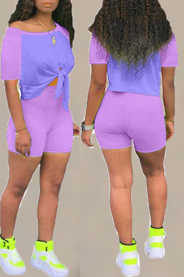 

Lovely Casual Patchwork Purple Two-piece Shorts Set