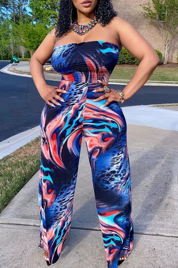 

Lovely Trendy Dew Shoulder Print Blue One-piece Jumpsuit