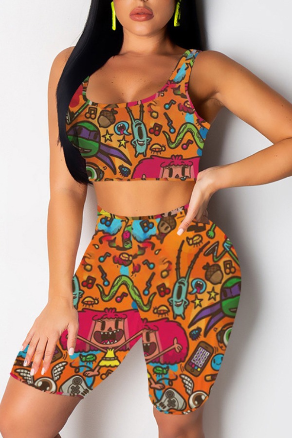 

Lovely Casual Cartoon Print Orange Two-piece Shorts Set