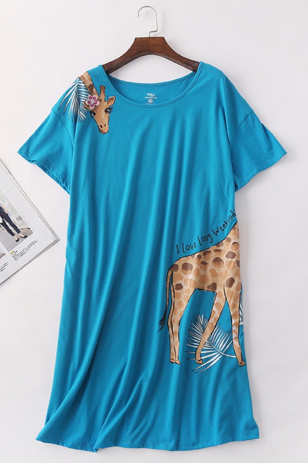 

Lovely Leisure O Neck Print Blue Sleepwear