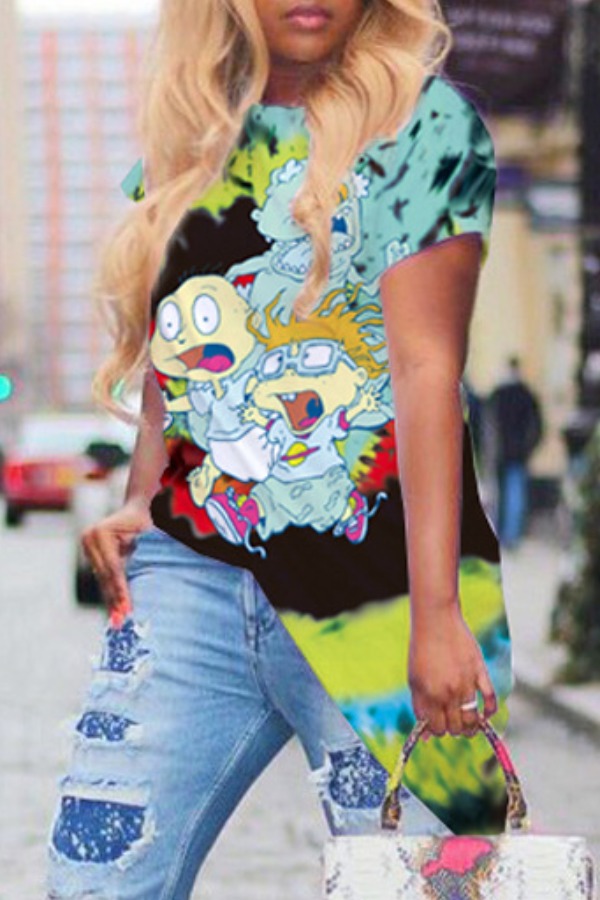 

Lovely Casual Cartoon Print Green Blouse