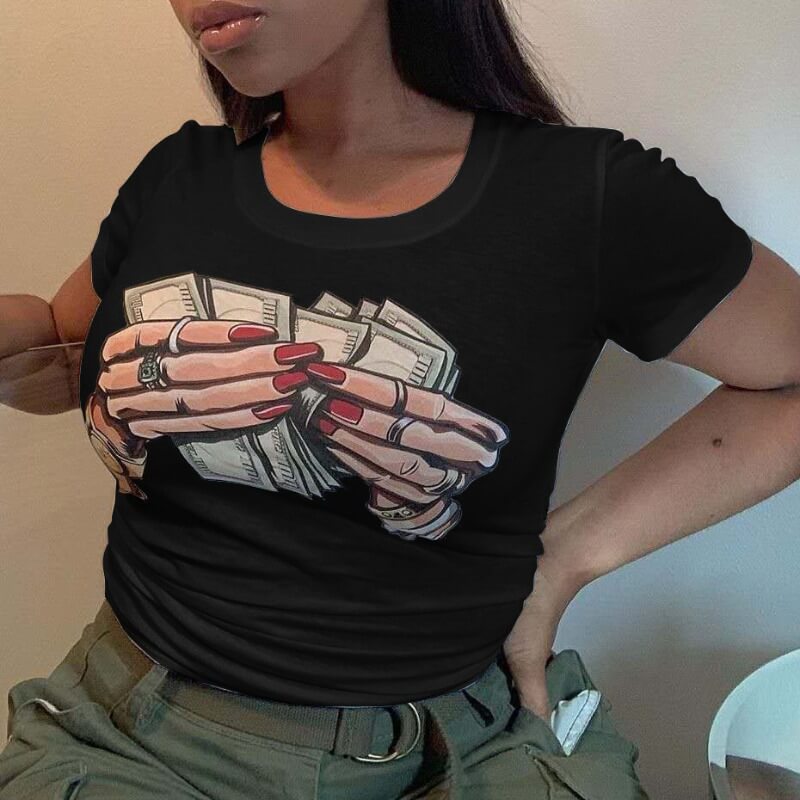 

Lovely Casual O Neck Cartoon Prin Black T-shirt
