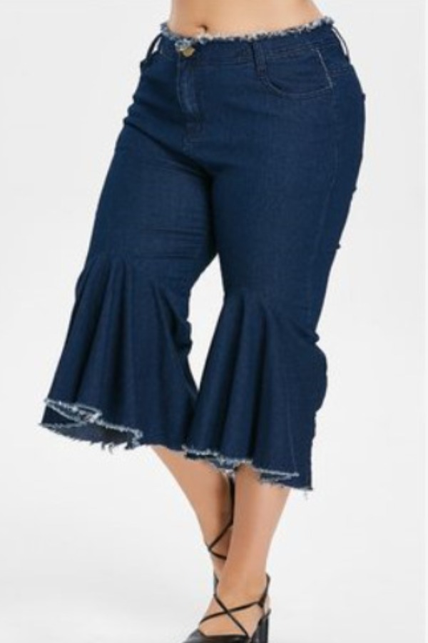 

Lovely Casual Flounce Design Deep Blue Plus Size Jeans