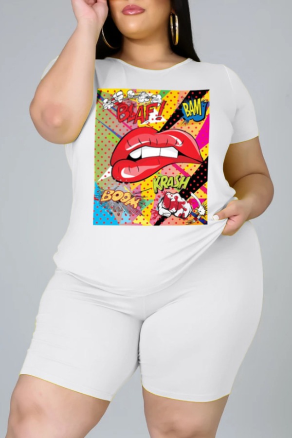 

Lovely Leisure Lip Print White Plus Size Two-piece Shorts Set