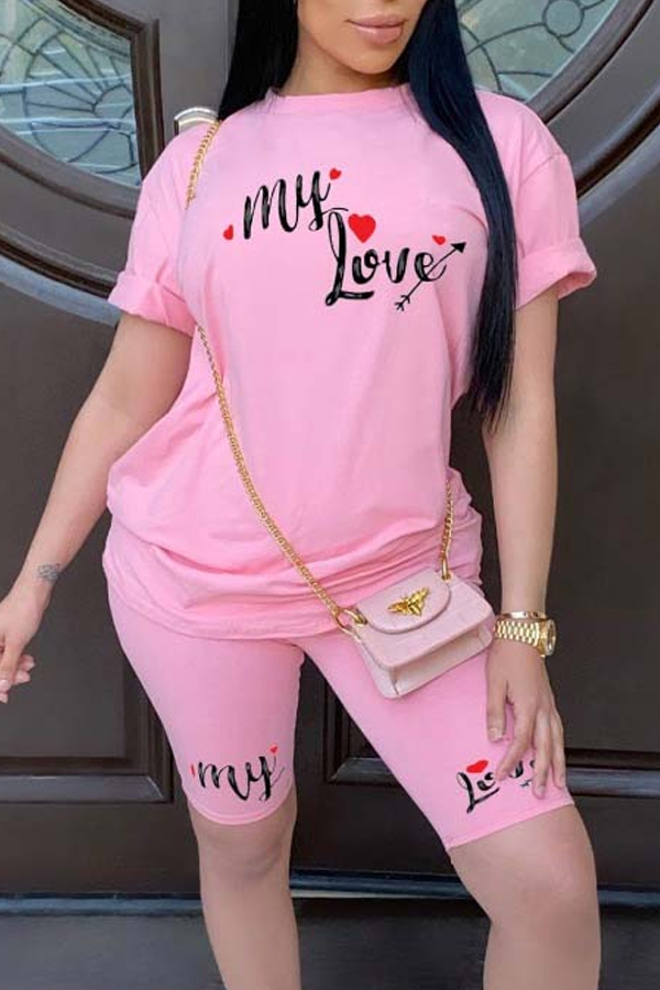 

Lovely Leisure Letter Print Light Pink Two-piece Shorts Set