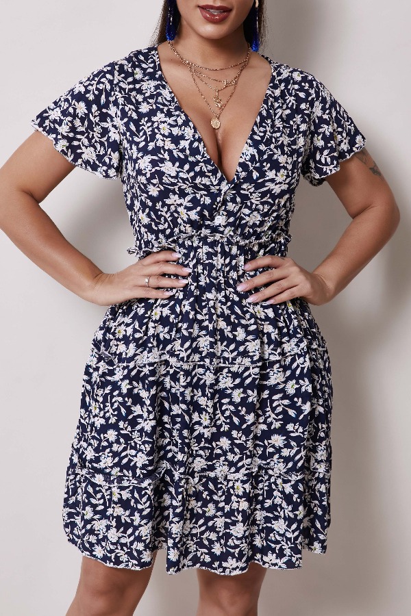 

Lovely Bohemian Floral Print Blue Knee Length Dress