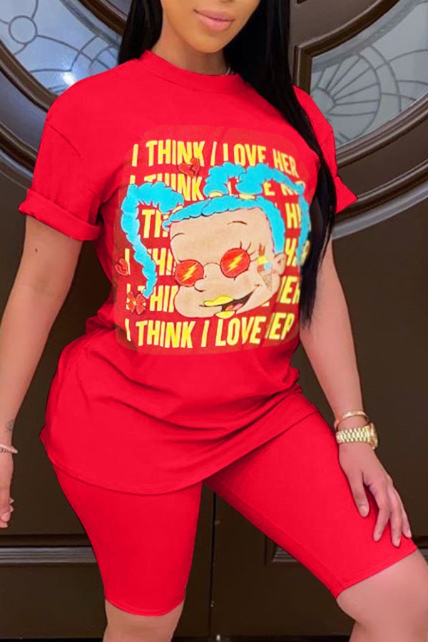 

Lovely Casual O Neck Cartoon Print Red Two-piece Shorts Set