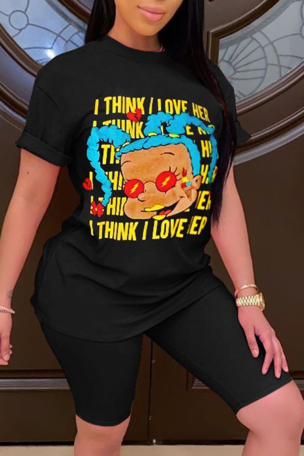 

Lovely Casual O Neck Cartoon Print Black Two-piece Shorts Set
