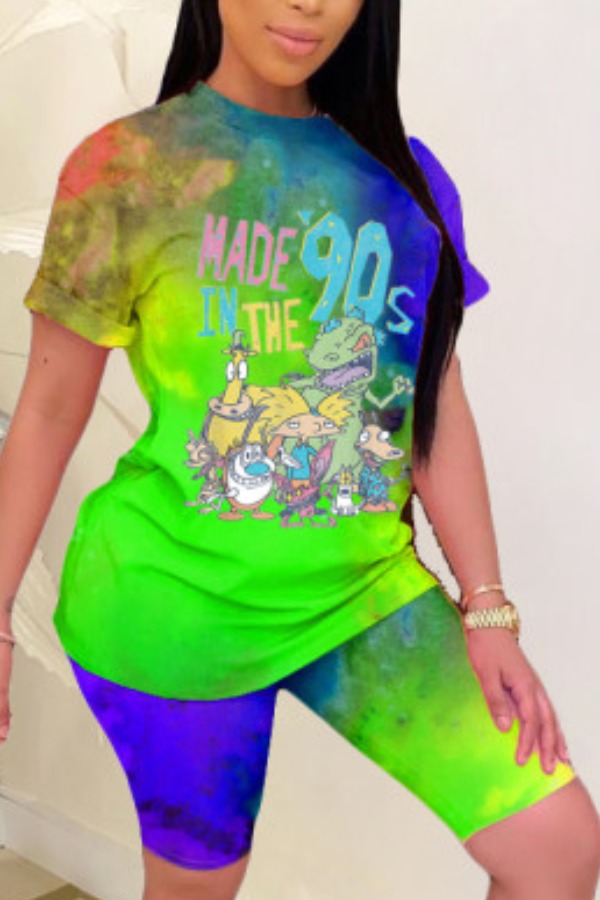 

Lovely Casual O Neck Cartoon Print Green Two-piece Shorts Set