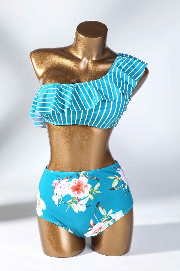 

Lovely One Shoulder Print Green Two-piece Swimsuit