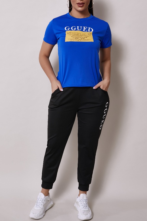 

Lovely Leisure Letter Print Blue Two-piece Pants Set