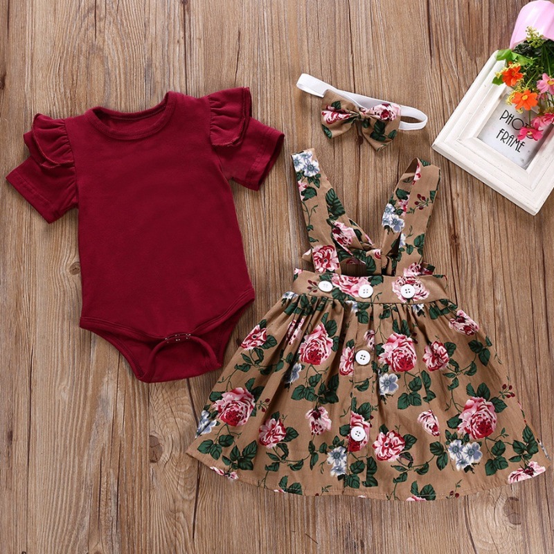 Lovely Stylish Print Wine Red Girls Two-piece Skirt Set