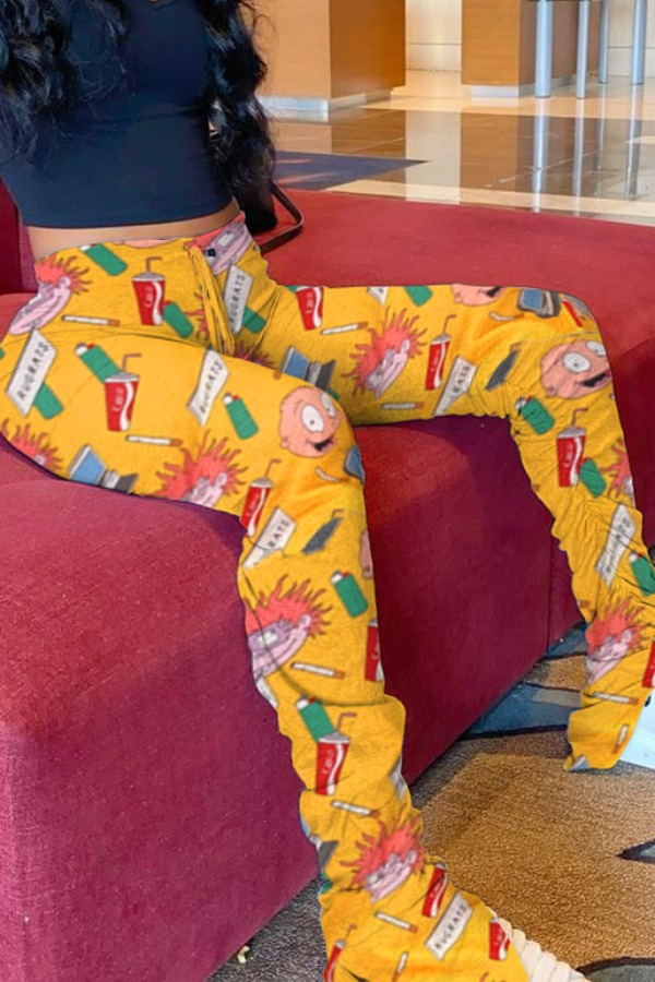 

Lovely Casual Cartoon Print Yellow Pants