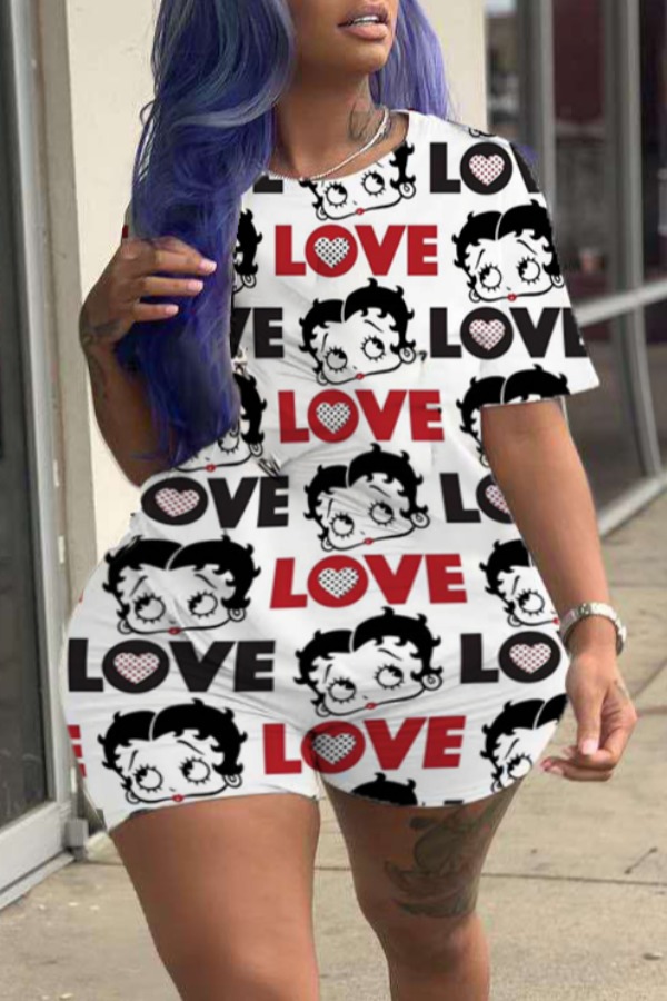 

Lovely Casual Cartoon Print White Plus Size Two-piece Shorts Set