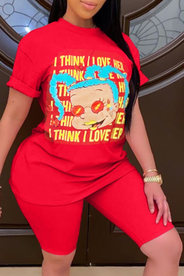 

Lovely Leisure O Neck Print Red Plus Size Two-piece Shorts Set
