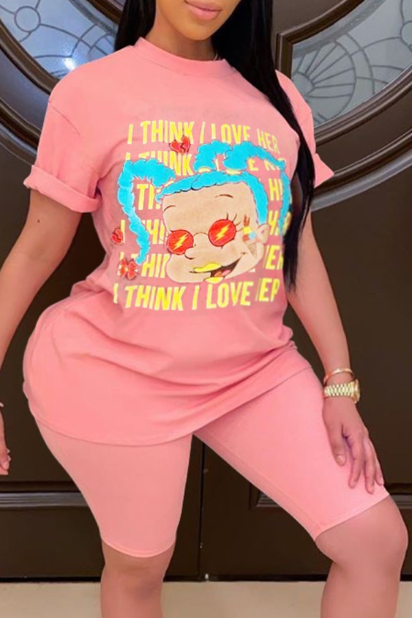 

Lovely Leisure O Neck Print Pink Plus Size Two-piece Shorts Set