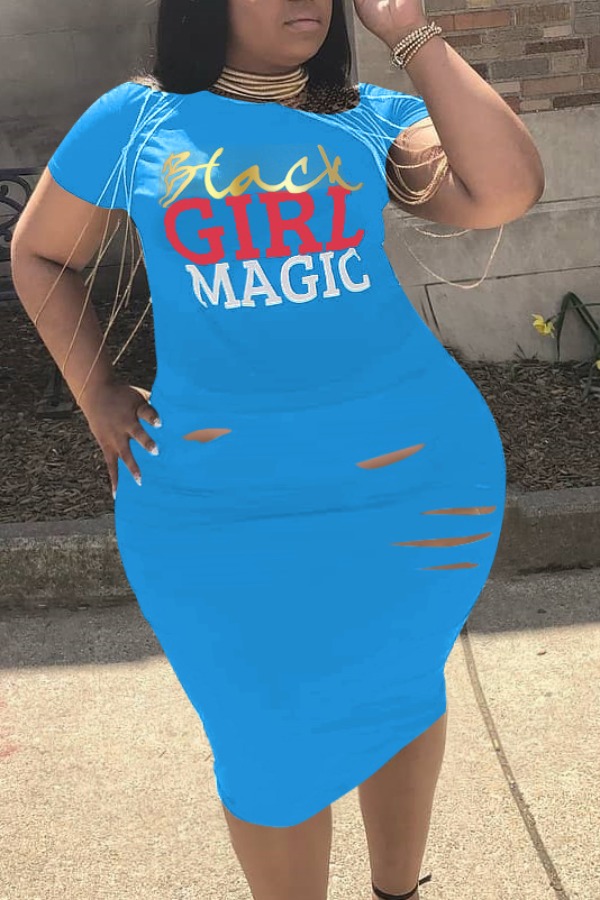 

Lovely Casual Hollow-out Blue Knee Length Plus Size Dress