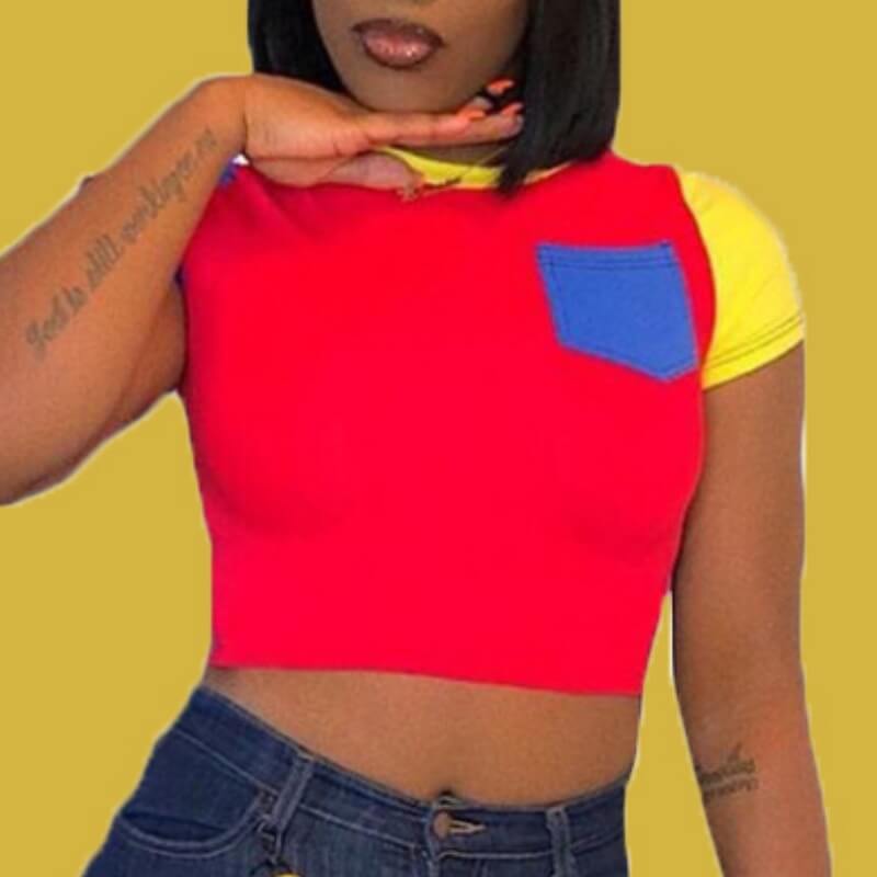 

LW Casual O Neck Patchwork Red T-shirt