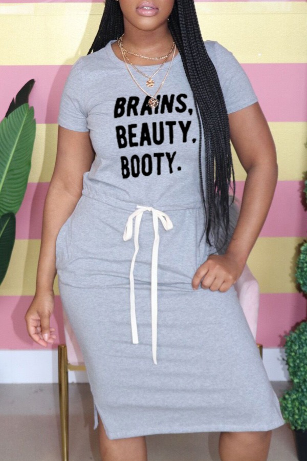

Lovely Casual Letter Grey Knee Length Dress