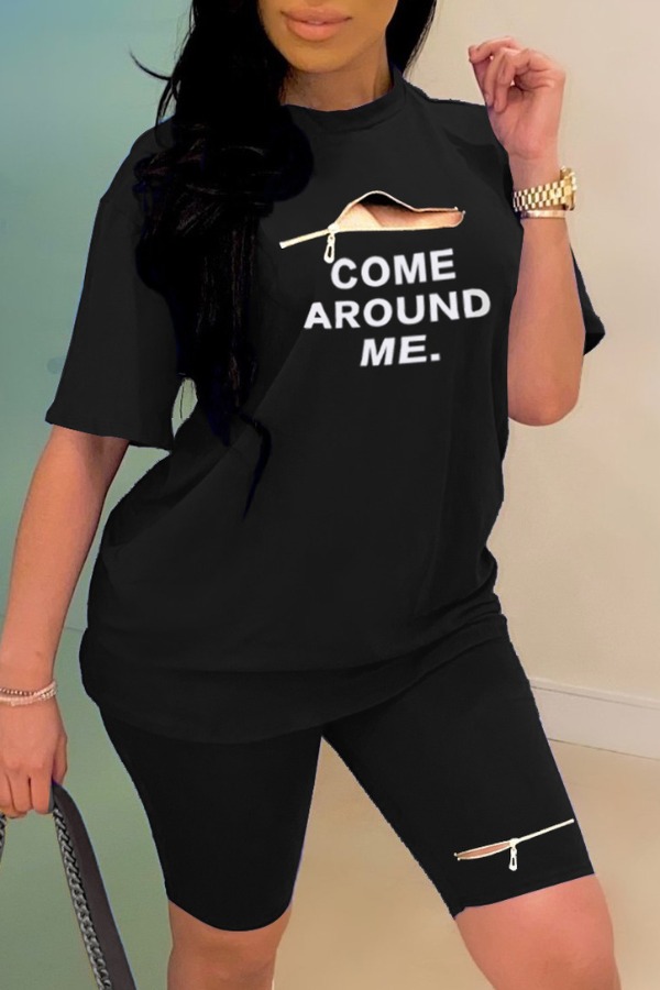 

Lovely Casual Letter Black Two-piece Shorts Set