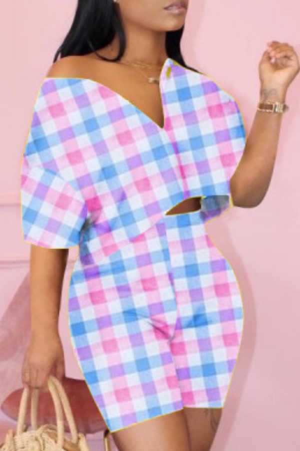

Lovely Trendy V Neck Grid Blue Two-piece Shorts Set