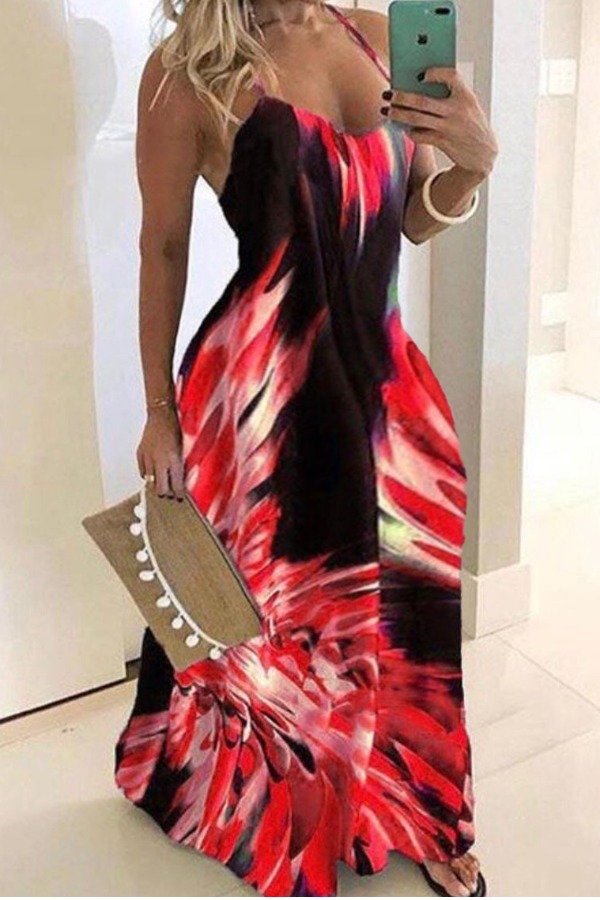 

Lovely Trendy Tie-dye Red Maxi Plus Size Dress
