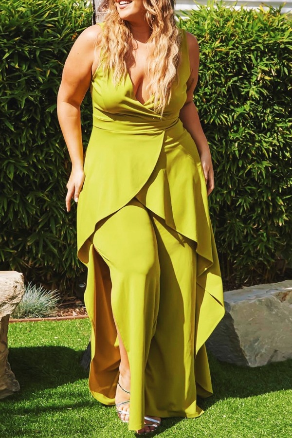

Lovely Trendy V Neck Asymmetrical Green Plus Size Two-piece Pants Set