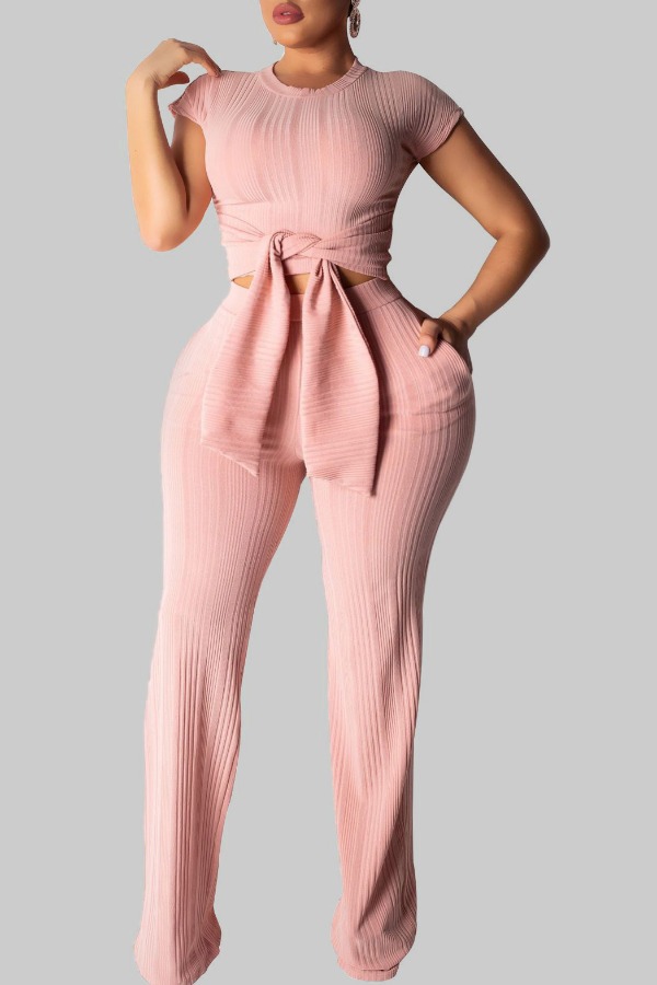 

Lovely Trendy Lace-up Pink Plus Size Two-piece Pants Set