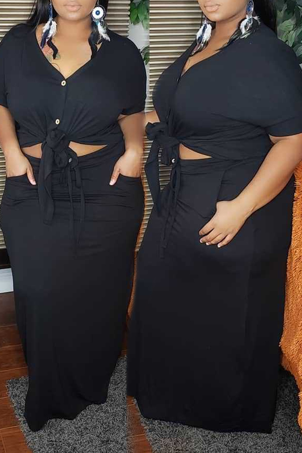 

Lovely Casual Knot Design Black Plus Size Two-piece Skirt Set