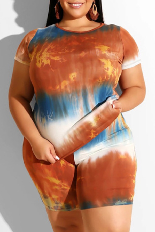 

Lovely Trendy Tie-dye Orange Plus Size Two-piece Shorts Set