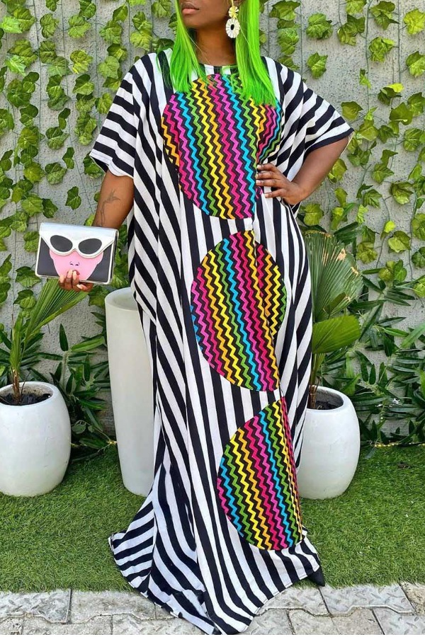 

Lovely Bohemian Striped Black Maxi Dress, Black stripe