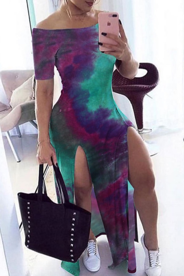 

Lovely Leisure Tie-dye Side Slit Purple Maxi Dress