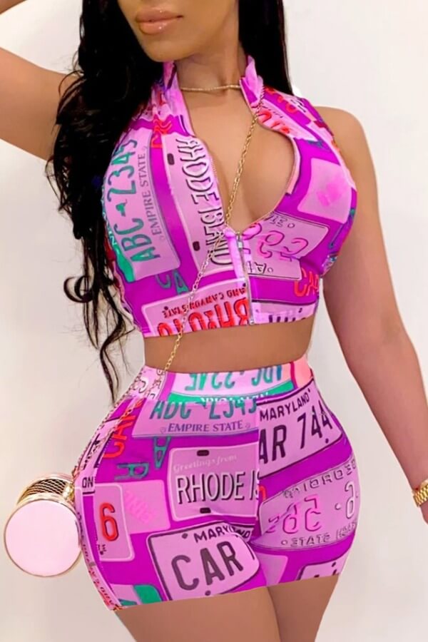 

LW Sexy Letter Print Purple Two-piece Shorts Set