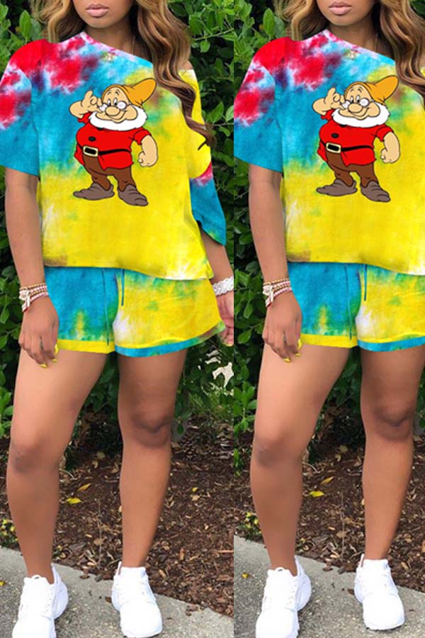 

Lovely Leisure Cartoon Print Yellow Two-piece Shorts Set